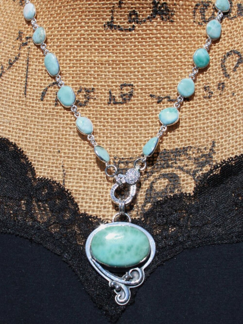 Dominican Larimar Necklace with Pave Clasp